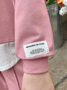 青春期女孩粉色、旅行、春夏、假期、返校节、休闲针织拼布、编织标记、圆领长袖上衣和裤子套装、返校毕业服装 - 粉色 - 查看 10