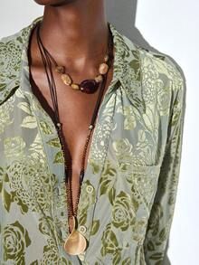 Maija 女士花卉提花长袖单排扣宽松时尚衬衫 - 綠色 - 查看 8