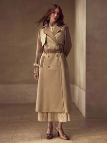 MOTF PREMIUM Áo khoác trench coat hai hàng khuy có thắt lưng - Màu Khaki - Xem 4