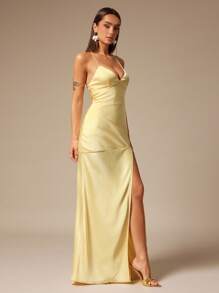 Silquee 女式纯色细肩带无袖开衩连衣裙 - 黃色 - 查看 6