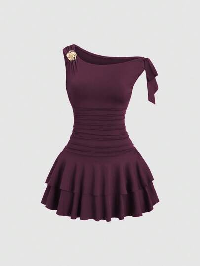 Sweetra Vestido mini de verano de unicolor elegante con cuello asimétrico para mujer