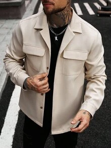 Manfinity CasualCool Men's Solid Color Minimalist Casual Long Sleeve Button Up Beige Shacket , Fall - Apricot - View 4