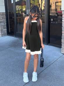 SHEIN Leap Crew Nova Glow Tween Girls Color Block Cropped Waist Midi Dress, Fashionable Casual Versatile Suitable For Any Occasions - Black and White - View 3