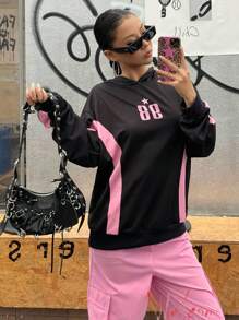 SHEIN Explorewe Streecool 儿童和青少年两件套：宽松连帽衫，带图案印花和工装裤，适合春秋季休闲装，适合上学和日常穿着 - 玫紅色 - 查看 5