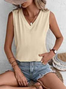 EMERY ROSE Apricot Plus Size Simple Versatile Fitted V-Neck Women's Tank Top, Suitable For Summer, Holiday For Women - Apricot - View 4