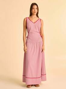 CAJUNI Contrast Color V-Neck Hollow Out Casual Summer Sleeveless Dress - Dusty Pink - View 7