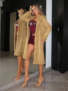 SHEIN ICON Retro Y2K Faux Suede Patchwork Fuzzy Collar Long Cardigan Jacket In Fall/Winter - Coffee Brown - View 4