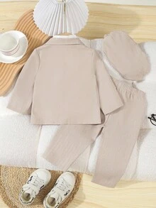3 件套幼儿男童休闲正式绅士西装套装，包括宽松纯色长袖西装外套（带口袋和撞色纽扣）、松紧腰裤和帽子，适合生日派对、婚礼、返校、1 岁生日、洗礼、表演、节日，面料柔软舒适，儿童婚礼派对西装套装返校季 - 彩色 - 查看 2