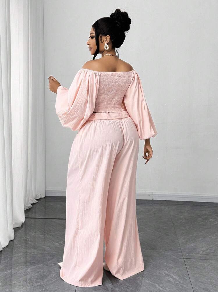 Maweii Set de 2 piezas de manga abullonada con lazo casual para tallas grandes - Rosa Pálido - Añade 6