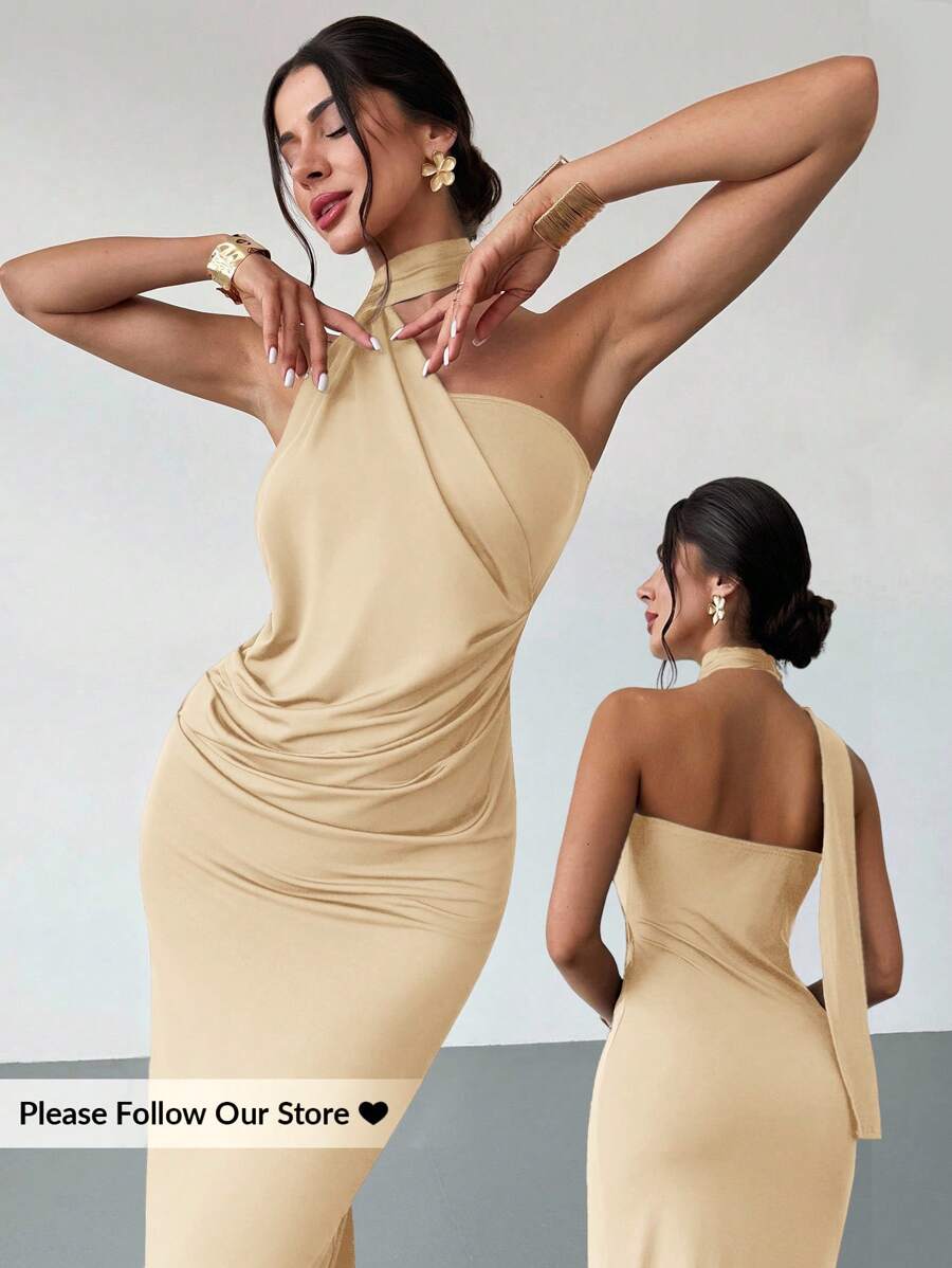 Firerie 女式摩卡棕色不对称喇叭袖宽松连衣裙，时尚长裙，春夏服装，适合通勤、优雅、性感、度假、海滩、波西米亚、夏威夷、音乐节、派对、工作装 - 卡其色 - 查看 1