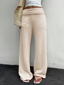 SHEIN EZwear 女式纯色度假风针织阔腿裤 - 杏色 - 查看 6