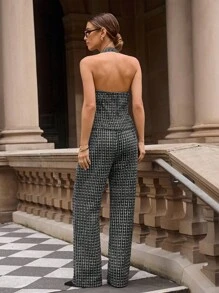 Lavishia Black & White Plaid Tweed V-Neck Sleeveless Buttoned Crop Top + Fitted Straight Leg Pants Women's 2 Pieces Set, Suitable For Early Autumn Commuting - Black - View 2