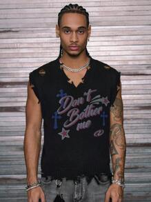 AXEPEAK 男士休闲无袖针织上衣，带有做旧图案印花，适合秋冬穿着 - 黑色 - 查看 5