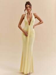 SHEIN BAE Elegant Yellow Cream Sexy Deep V-Neck Dress For Women, Spring/Summer,Fall,Wedding Guest Dress Formal Dresses For Wedding Guest