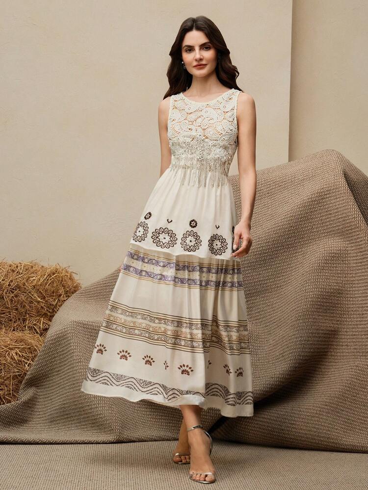Women's Vacation Bohemian Style Tassel Waist Sleeveless Flared Dress Boho Wedding Guest Dress Bohemian Dress For Women Elegant Summer Dresses For Women