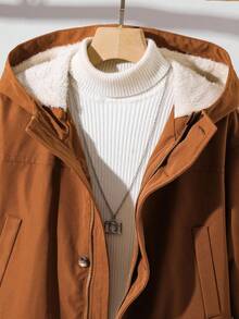 SHEIN 青少年男童休闲保暖内衬连帽中长款厚梭织夹克，带口袋，适合上学、花园、海滩、生日、春季、夏季、秋季、冬季