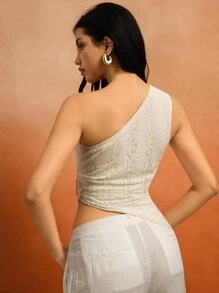 Roylia Women's Lace Asymmetric Hem Drawstring Waist Sleeveless Blouse All White - Apricot - View 4