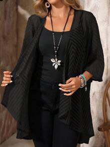 EMERY ROSE Plus Size Women's Solid Color Striped Casual Loose Hollow-Out Cutout Jacket Black Kimono Black Coverups For Women Black Sheer Cardigan,Fall Clothes For Women Plus Size Cardigan,Fall Outfits For Women,Chic Autumn - Black - View 8