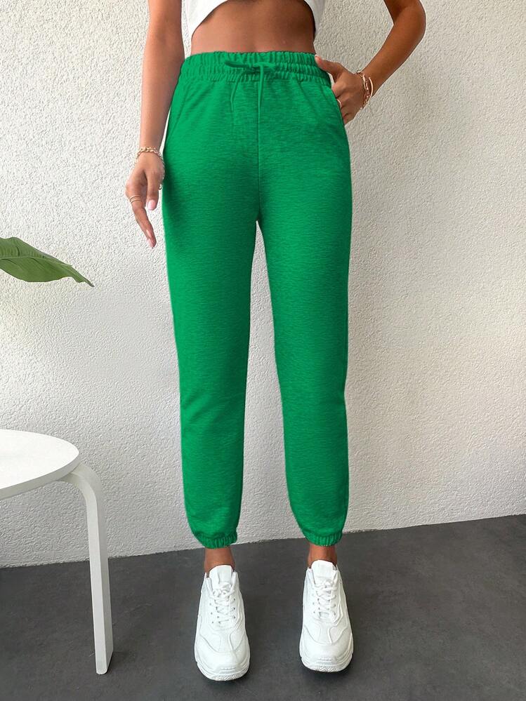 EURMUSE Women's Solid Color Drawstring Waist Pockets Jogger Pants - Green - View 1