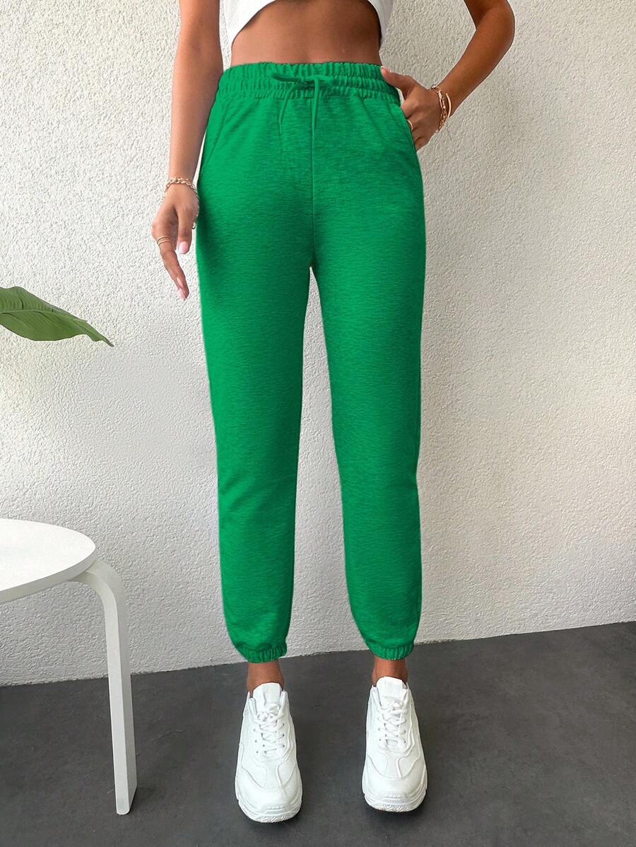 EURMUSE Women's Solid Color Drawstring Waist Pockets Jogger Pants - Green - View 1