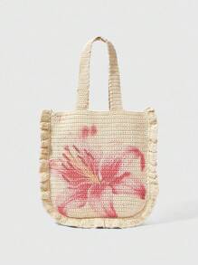ROMWE Fairycore Borsa da spalla casual da spiaggia con stampa floreale tessuta - Bianco - Visualizzare 1