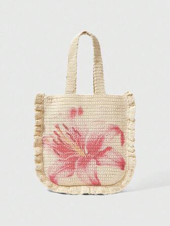 Fairycore Borsa da spalla casual da spiaggia con stampa floreale tessuta