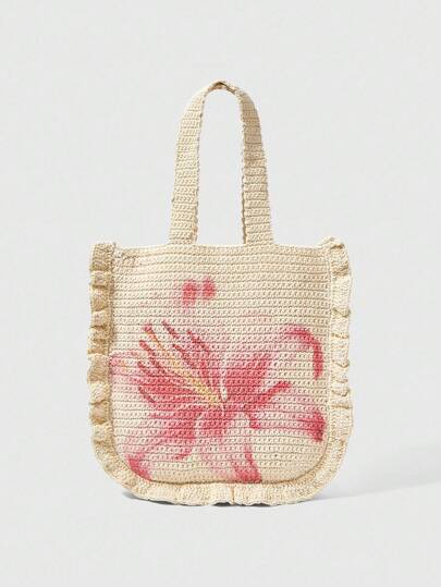 Fairycore Vacation Casual Floral Print Woven Shoulder Bag