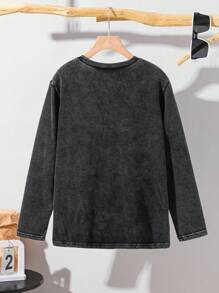 青少年男童休闲水洗色超大圆领长袖针织 T 恤，适合学校、花园、海滩、生日、春季、夏季、秋季、冬季 - 黑色 - 查看 3