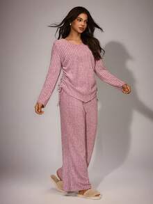 SHEIN 女士休闲拉绒 V 领褶饰抽绳女士长袖上衣和裤子睡衣两件套休闲套装，罗纹休闲套装，舒适套装女士粉色休闲套装舒适套装，秋季服装 - 藕粉色 - 查看 3