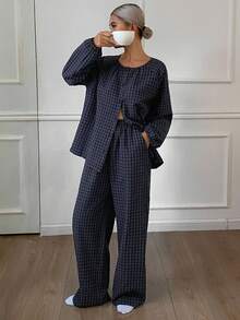 DAZY 格子灯笼袖上衣和裤子宽松女士家居服套装，秋冬服装，舒适套装 - 藏蓝色 - 查看 1