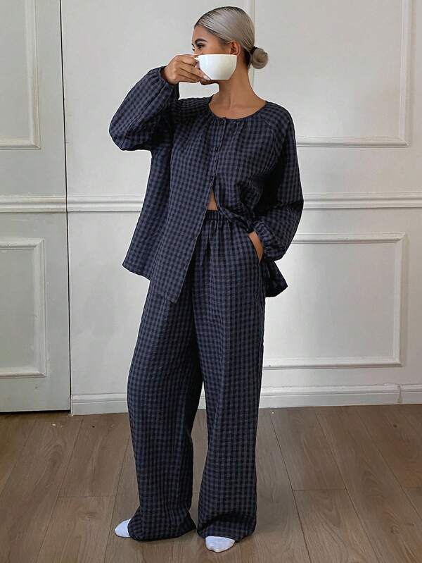 DAZY Plaid Lantern Sleeve Top & Pants Loose Women's Lounge Set, Fall Winter Clothes, Cozy Outfits
