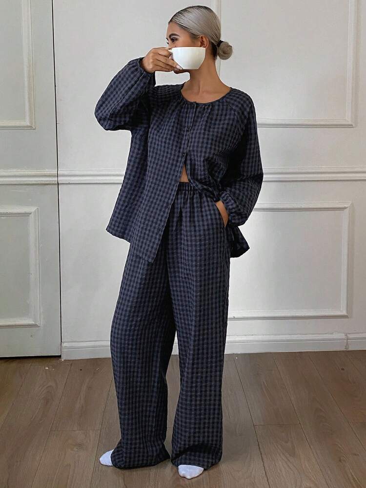 DAZY 格子灯笼袖上衣和裤子宽松女士家居服套装，秋冬服装，舒适套装 - 藏蓝色 - 查看 1