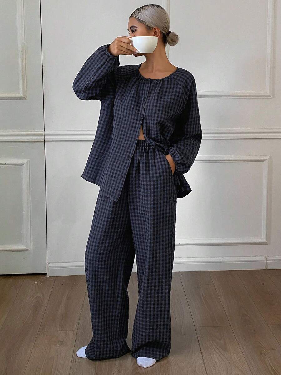 DAZY 格子灯笼袖上衣和裤子宽松女士家居服套装，秋冬服装，舒适套装 - 藏蓝色 - 查看 1