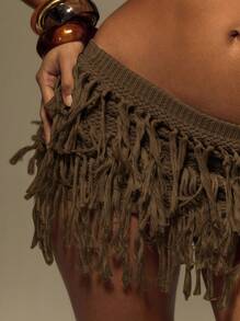 MUSERA Knitted Layered Fray Mini Skirt Summer, Vacation, Festival, Y2k Ibiza Beach Holiday Rave  Fall Winter  Winter Elegant Party Evening New Years Party - Brown - View 5