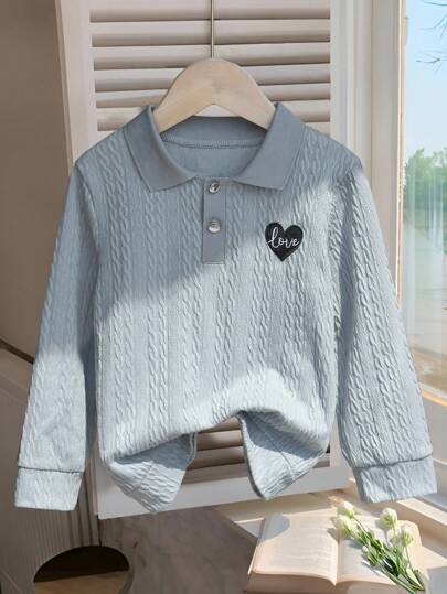 Genkimix Kids Young Girl Casual Long Sleeve Textured Fabric Embroidered Heart Polo Neck Sweatshirt