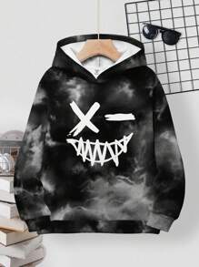 SHEIN Tween Boy Casual Minimalist Style Graffiti Handpainted Cartoon Face English Letter Sports Street Style Tie-Dye Y2K Loose Comfortable Long Sleeve Hoodie, Suitable For Autumn/Winter