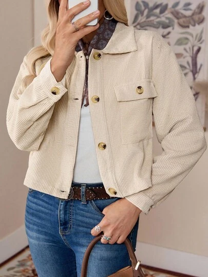 LanaWest 前扣贴袋短款夹克，女士春/秋休闲纽扣、口袋落肩领常规版型杏色纯色女士夹克，休闲日常穿着