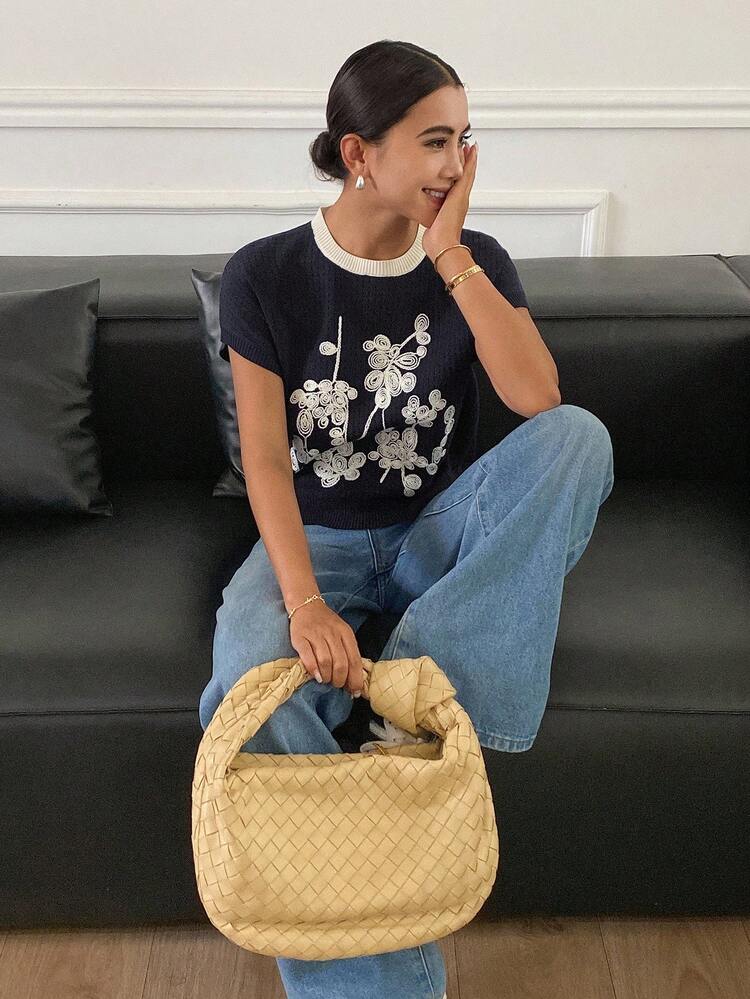 Floral Pattern Jacquard Loose Short Sleeve Round Neck Casual Spring/Autumn Knit Top For Women Graphic Tee