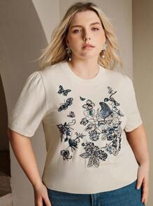 Anewsta Elegant Floral & Butterfly Embroidery Short Sleeve T-Shirt Top, Summer