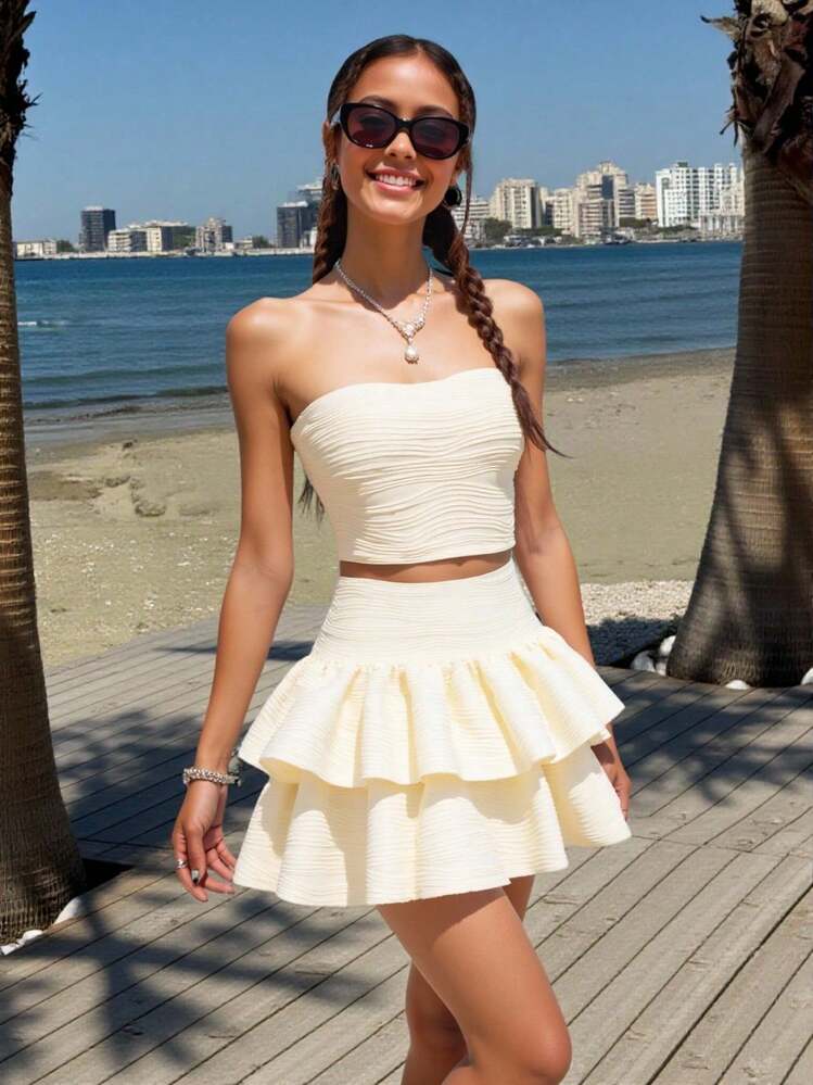 2 件套青少年女孩海滩度假休闲甜美修身抹胸和高腰荷叶边下摆迷你裙，针织纹理面料 - 杏色 - 查看 3