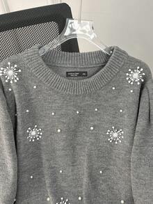 Lacomfia Plus Size Casual Faux Cashmere Crew Neck Short Sleeve Sweaters Winter Fall Autumn - Grey - View 3