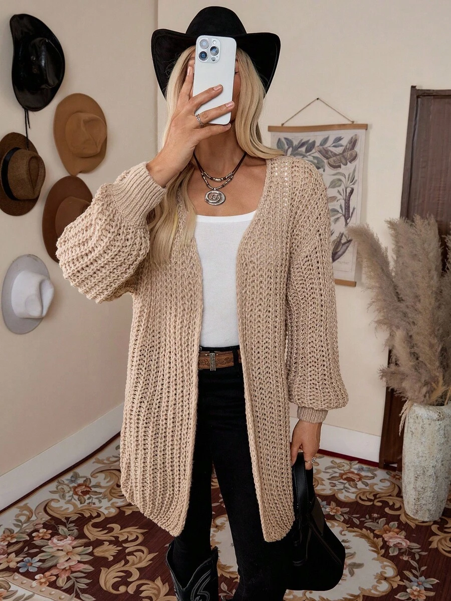 LanaWest Chunky Knit Drop Shoulder Cardigan,Long Sleeve Tops - Khaki - View 1