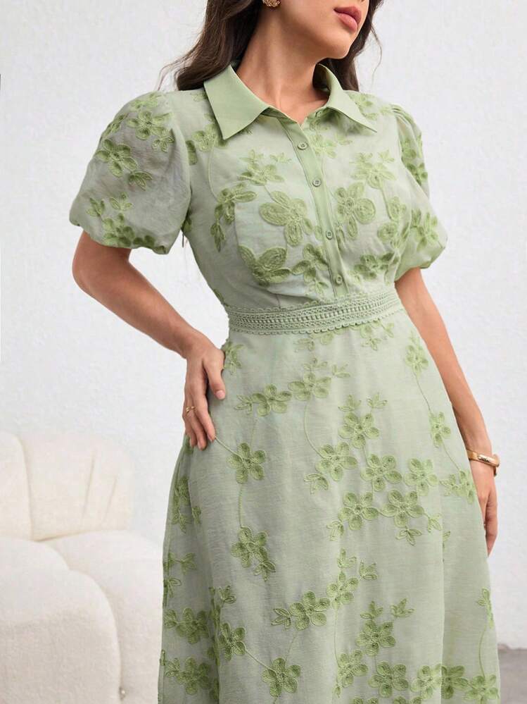 Modelyn Plus Size Turndown Collar Waist Drawstring Embroidered Green Dress - Green - View 8