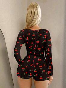 SHEIN SXY Damen lässiger Kirschblüten-Muster V-Ausschnitt Jumpsuit, figurbetonend mit Langarm, für Frühling/Herbst - Schwarz - Übersicht 2