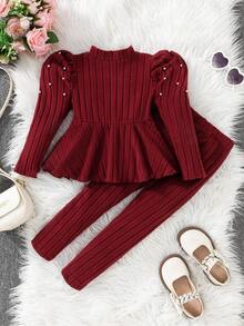 Genkimix Kids 2件套女童休闲运动舒适长袖连帽服装，秋季 - 酒紅色 - 查看 2