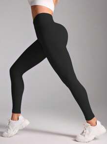 SHEIN Sports Women's Casual Solid Color High Waist Sports Leggings - Black - View 7