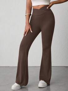 SHEIN Teen Girls' Brown Solid Color High Waist Flare Pants, Suitable For Home, Casual, Outdoor Sports Bell Bottom Pants Flared Leggings Brown Pants Flared Sweatpants Fall Winter - Brown - View 3