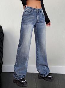 SHEIN EZwear 斜口袋闊腿牛仔褲