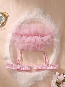 2 件粉色网状荷叶边泡泡裙，缎面提臀甜美可爱吊袜带 + 腿吊袜带内衣套装，适合女士 - 淺粉色 - 查看 3