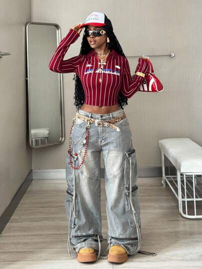 Coolane 女士秋季音乐会狂欢节外出街头服饰 Y2K 复古图案酒红色翻领长袖 T 恤